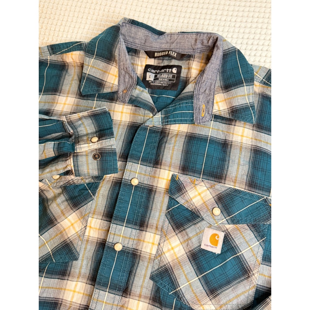 Carhartt Button Down Shirt Mens L Blue Plaid Rugged Flex Relaxed Fit Snap Front
